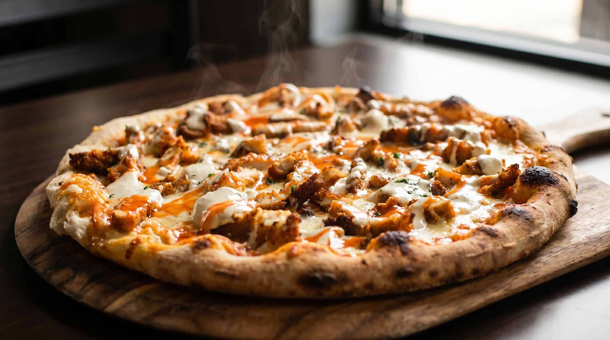 Buffalo chicken pizza with golden mozzarella, pulled chicken, and a swirl of buffalo sauce.
