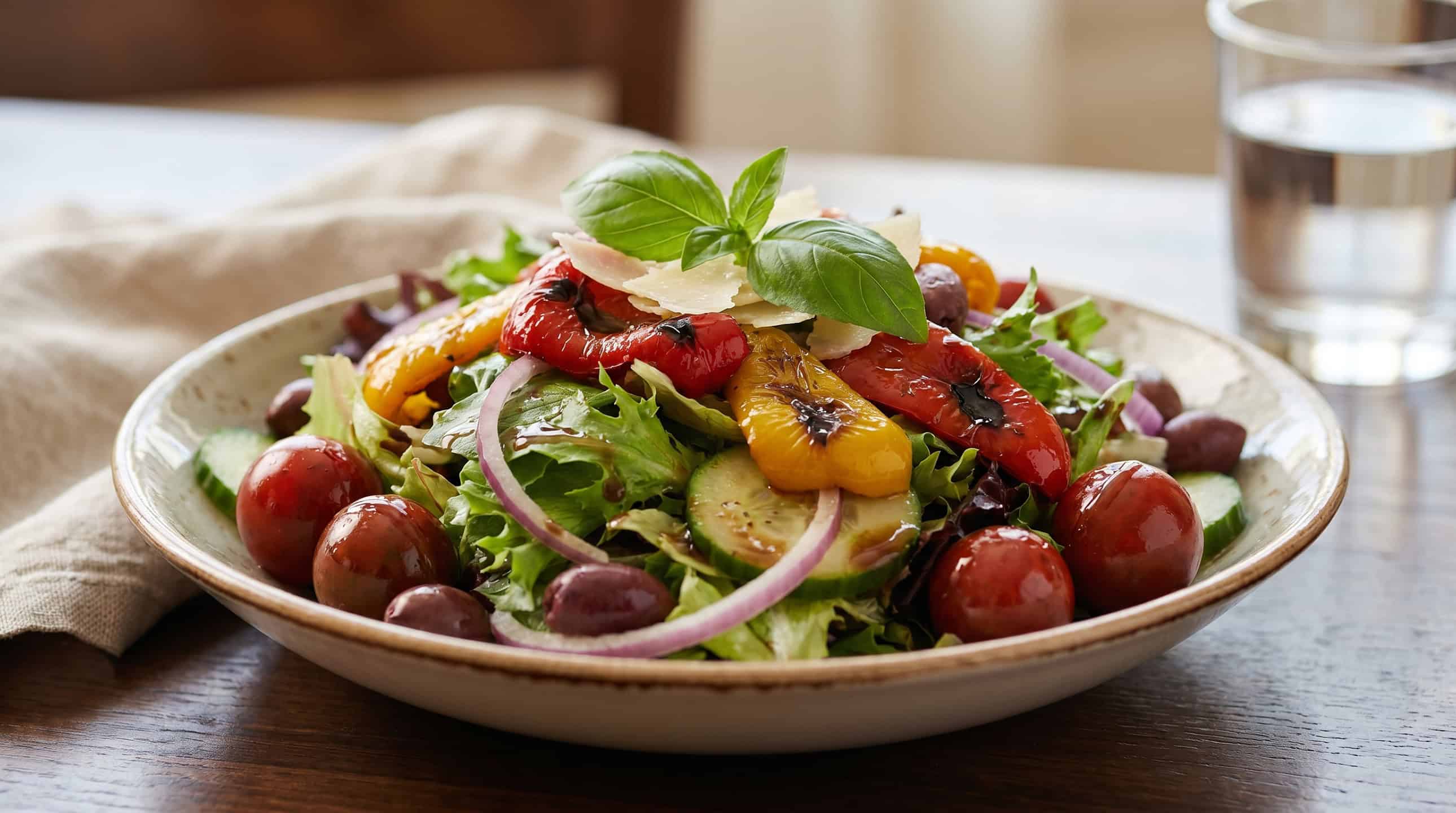 Fresh garden salad with mixed greens, ripe tomatoes, roasted peppers and olives.