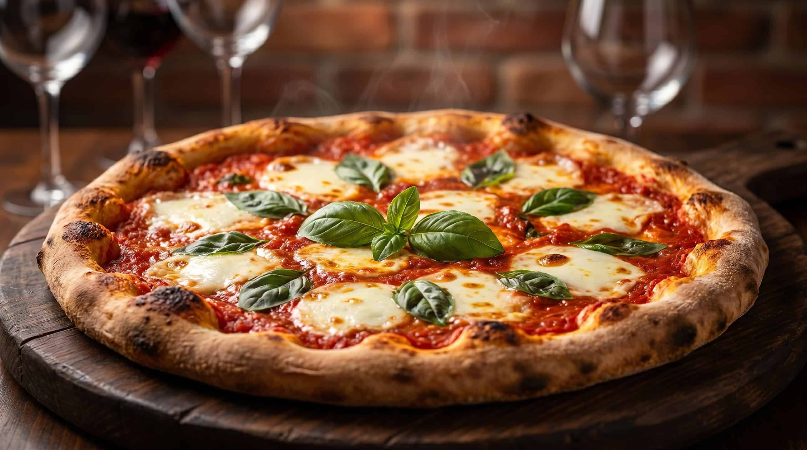 Golden, square-cut Grandma-style pizza topped with fresh basil and tomato — fresh from Village Trattoria's oven.