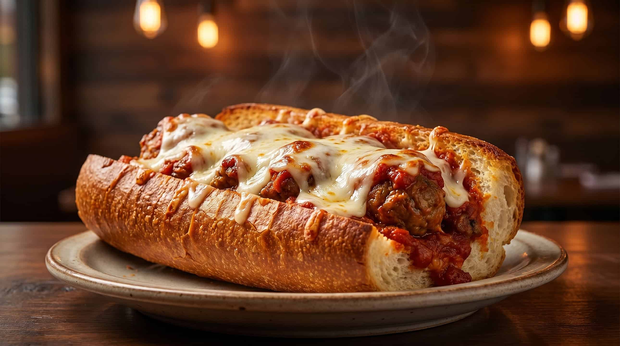Meatball parmigiana sandwich on a toasted Italian roll with melted mozzarella and red sauce.